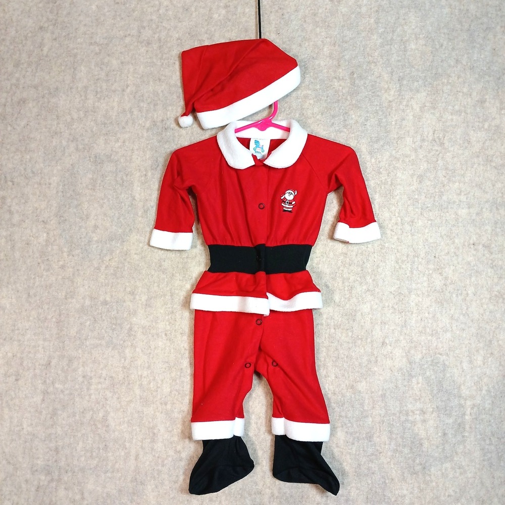 VTG 80's Infant One Piece Santa Suit Sleeper Outfit w/ Hat 3-6 MO Terry 9575